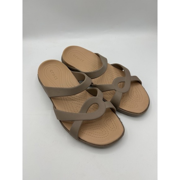 Crocs Sandals Tan & Brown Womens Strappy Slip On Slides Size W9 - Picture 2 of 8